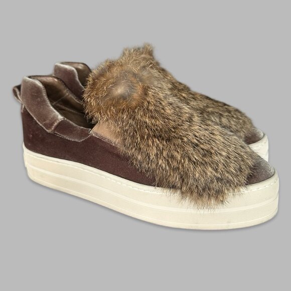 Gabriella Michel Taupe Velvet & Rabbit Fur Slip on Sneakers 8.5 / 39 - Picture 1 of 7